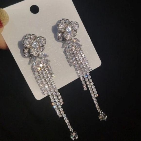 Crystals Rose Flower Long Short Tassels Earring - Picture 2 of 6